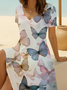 Women Butterfly Short Sleeve Summer Printing Dress V Neck Daily Casual Midi Fit & Flare Dress A-Line Dress