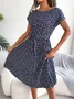 Women Floral Short Sleeve Summer Printing Dress Crew Neck Daily Vintage Midi Tank A-Line Dress