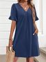 Women Plain Short Sleeve Summer Dress V Neck Daily Casual Midi Fit & Flare Dress A-Line Dress