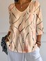 Women Striped Three Quarter Sleeve Tee T-shirt V Neck Casual Spring/Fall Top