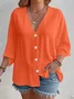 Women Plain Three Quarter Sleeve Shirt Spring/Fall Split Joint V Neck Daily Casual Top
