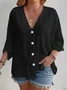 Women Plain Three Quarter Sleeve Shirt Spring/Fall Split Joint V Neck Daily Casual Top