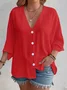 Women Plain Three Quarter Sleeve Shirt Spring/Fall Split Joint V Neck Daily Casual Top