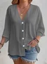 Women Plain Three Quarter Sleeve Shirt Spring/Fall Split Joint V Neck Daily Casual Top