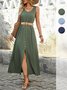 Women Plain Sleeveless Summer Split Joint Dress V Neck Daily Vintage Maxi Tank A-Line Dress