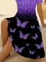 Women Butterfly Short Sleeve Summer Printing Dress V Neck Daily Casual Midi Fit & Flare Dress A-Line Dress