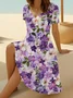 Women Floral Short Sleeve Summer Printing Dress V Neck Daily Casual Midi Fit & Flare Dress A-Line Dress