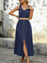 Women Plain Sleeveless Summer Split Joint Dress V Neck Daily Vintage Maxi Tank A-Line Dress