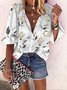 Women Floral Three Quarter Sleeve Shirt Spring/Fall Printing Stand Collar Balloon Sleeve Daily Vintage Top