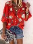 Women Floral Three Quarter Sleeve Shirt Spring/Fall Printing Stand Collar Balloon Sleeve Daily Vintage Top
