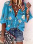 Women Floral Three Quarter Sleeve Shirt Spring/Fall Printing Stand Collar Balloon Sleeve Daily Vintage Top