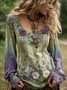Women Floral Long Sleeve Tee T-shirt Square Neck Casual Spring/Fall Top