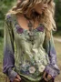 Women Floral Long Sleeve Tee T-shirt Square Neck Casual Spring/Fall Top