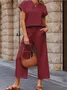Women Plain Split Joint Two-Piece Set Daily Half Sleeve Casual Summer Top With Pants Matching Set