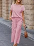 Women Plain Split Joint Two-Piece Set Daily Half Sleeve Casual Summer Top With Pants Matching Set