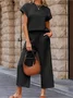 Women Plain Split Joint Two-Piece Set Daily Half Sleeve Casual Summer Top With Pants Matching Set