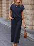 Women Plain Split Joint Two-Piece Set Daily Half Sleeve Casual Summer Top With Pants Matching Set