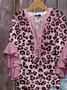Women Leopard Half Sleeve Shirt Summer Printing V Neck Daily Casual Top