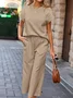 Women Plain Split Joint Two-Piece Set Daily Half Sleeve Casual Summer Top With Pants Matching Set