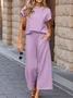 Women Plain Split Joint Two-Piece Set Daily Half Sleeve Casual Summer Top With Pants Matching Set