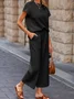 Women Plain Split Joint Two-Piece Set Daily Half Sleeve Casual Summer Top With Pants Matching Set