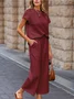 Women Plain Split Joint Two-Piece Set Daily Half Sleeve Casual Summer Top With Pants Matching Set
