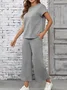 Women Plain Split Joint Two-Piece Set Daily Half Sleeve Casual Summer Top With Pants Matching Set
