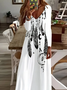 Women Ethnic Long Sleeve Spring/Fall Printing Dress V Neck Daily Casual Maxi H-Line Dress