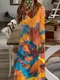 Women Abstract Long Sleeve Spring/Fall Printing Dress V Neck Daily Casual Maxi H-Line Dress