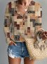 Women Geometric Long Sleeve Tee T-shirt V Neck Printing Vintage Spring/Fall Top