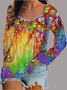 Women Geometric Long Sleeve Tee T-shirt Square Neck Printing Vintage Spring/Fall Top