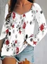 Women Geometric Long Sleeve Tee T-shirt Square Neck Printing Vintage Spring/Fall Top