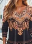 Women Ethnic Long Sleeve Tee T-shirt V Neck Printing Casual Spring/Fall Graphic Tee Top