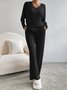 Women Plain Embossed Two-Piece Set Daily Long Sleeve Casual Spring/Fall Top With Pants Matching Set
