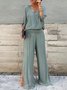Women Plain Split Joint Two-Piece Set Daily Half Sleeve Casual Summer Top With Pants Matching Set