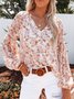 Women Floral Long Sleeve Shirt Spring/Fall Printing V Neck Balloon Sleeve Daily Casual Top