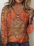 Women Geometric Long Sleeve Tee T-shirt V Neck Printing Vintage Spring/Fall Top