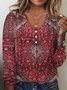 Women Geometric Long Sleeve Tee T-shirt V Neck Printing Vintage Spring/Fall Top