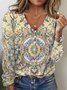Women Geometric Long Sleeve Tee T-shirt V Neck Printing Vintage Spring/Fall Top
