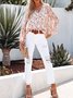 Women Floral Long Sleeve Shirt Spring/Fall Printing V Neck Balloon Sleeve Daily Casual Top