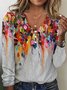 Women Geometric Long Sleeve Tee T-shirt V Neck Printing Vintage Spring/Fall Top