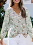 Women Floral Long Sleeve Shirt Spring/Fall Printing V Neck Balloon Sleeve Daily Casual Top