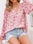 Women Floral Long Sleeve Shirt Spring/Fall Printing V Neck Balloon Sleeve Daily Casual Top