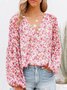 Women Floral Long Sleeve Shirt Spring/Fall Printing V Neck Balloon Sleeve Daily Casual Top