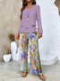 Women Floral Printing Two-Piece Set Daily Long Sleeve Casual Spring/Fall Top With Pants Matching Set