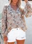 Women Floral Long Sleeve Shirt Spring/Fall Printing V Neck Balloon Sleeve Daily Casual Top
