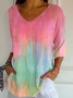 Women Abstract Three Quarter Sleeve Tee T-shirt V Neck Printing Casual Spring/Fall Graphic Tee Top