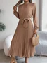 Women Plain Short Sleeve Summer Split Joint Dress Stand Collar Daily Vintage Maxi Tank A-Line Dress