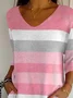 Women Striped Three Quarter Sleeve Tee T-shirt V Neck Printing Casual Spring/Fall Graphic Tee Top