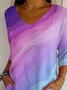 Women Abstract Three Quarter Sleeve Tee T-shirt V Neck Printing Casual Spring/Fall Graphic Tee Top